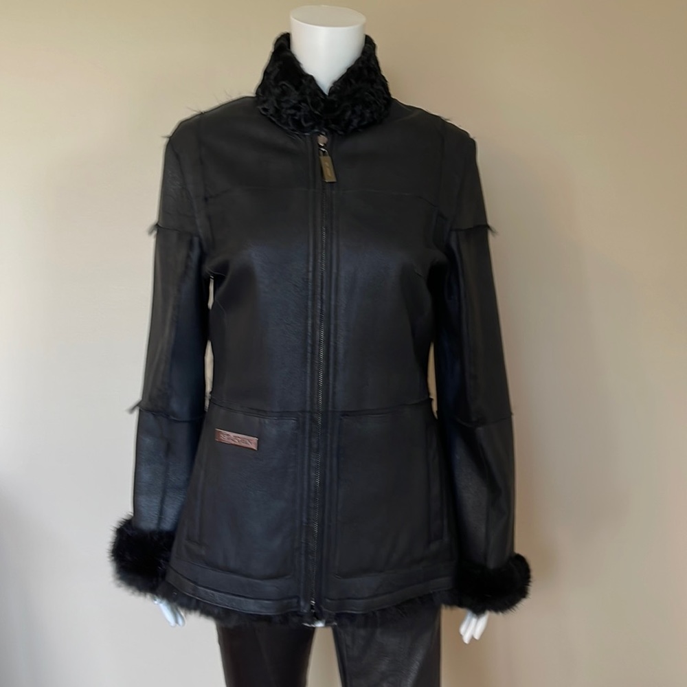 St. John Marie Gray Reversible Genuine Leather/100% Rabbit Fur Coat (XS)